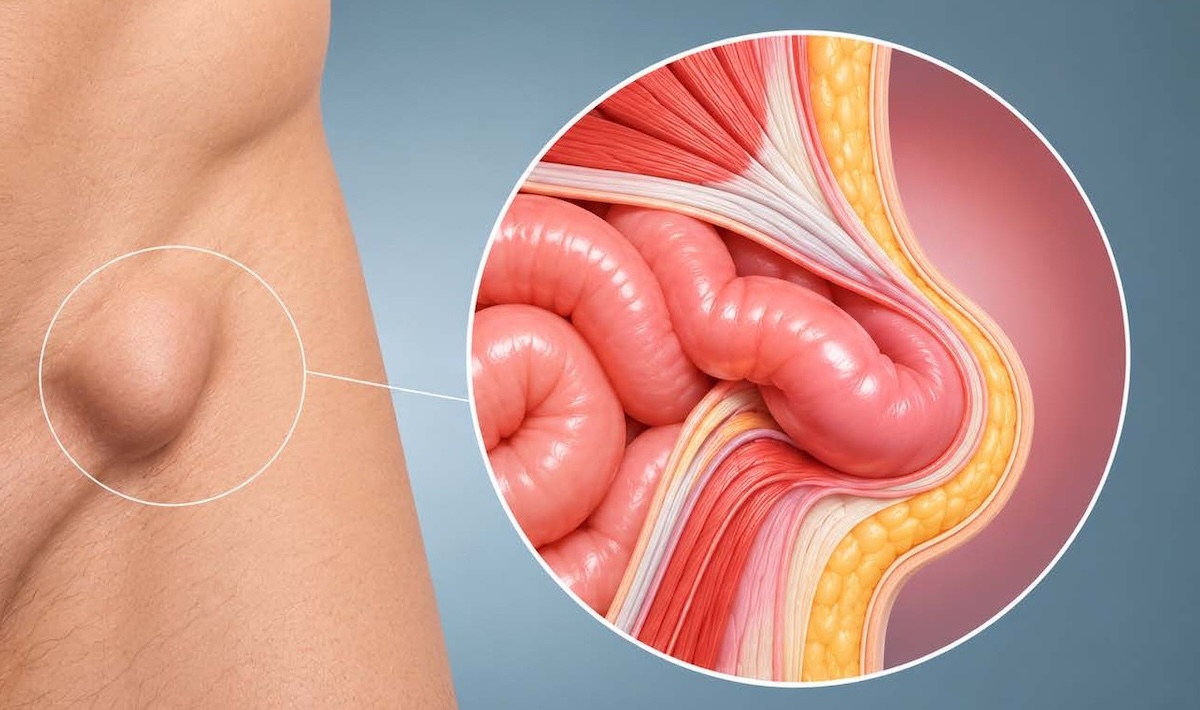 Ilustración médica de hernia inguinal